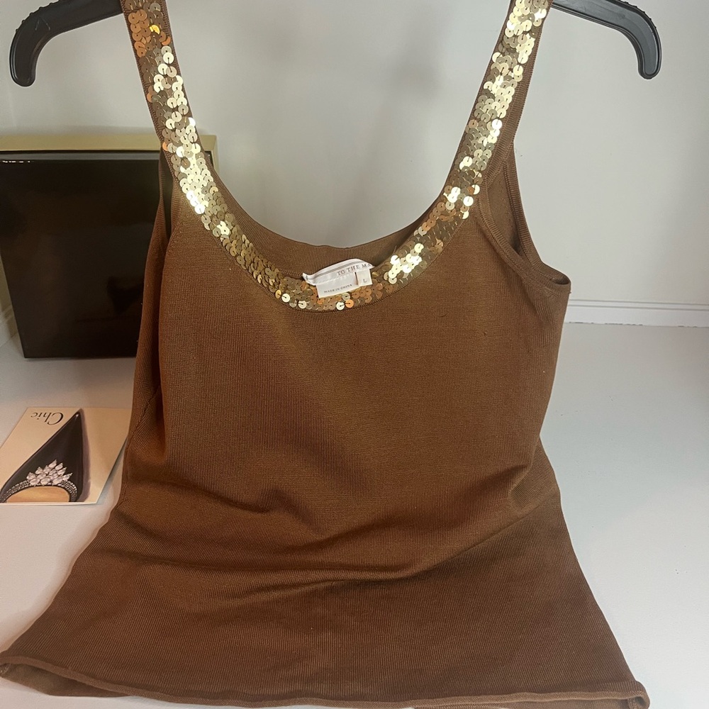 Gold and Tan Sequin Sleeveless Tank Top